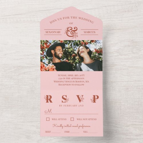 Rust  Blush Floral Ampersand Photo Wedding All In One Invitation