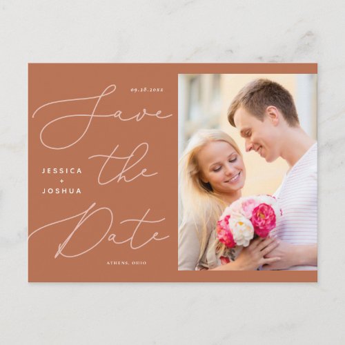 Rust  Blush Pink Calligraphy Photo Save the Date Postcard