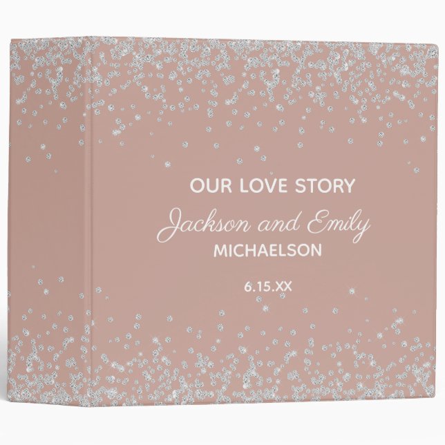 Rust Blush Pink Silver Glitter Wedding 3 Ring Binder (Front/Spine)
