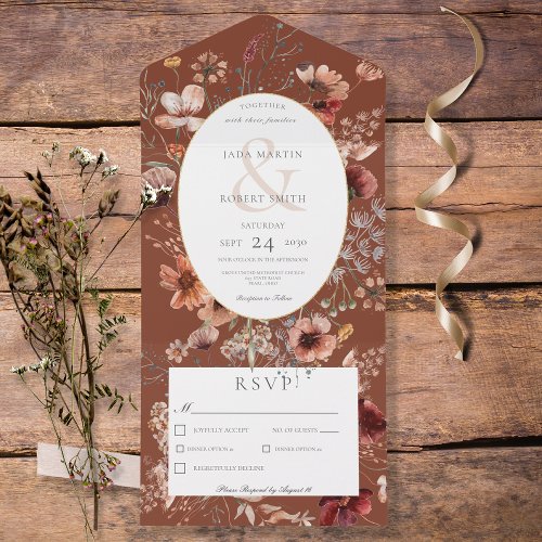 Rust  Blush Wildflower Floral Frame Dinner All In One Invitation