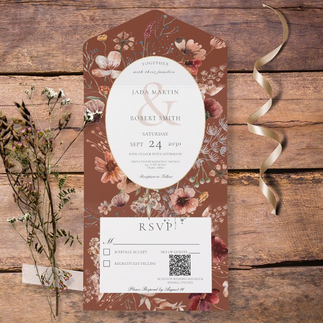 Rust & Blush Wildflower Frame QR Code All In One Invitation (Creator Uploaded)