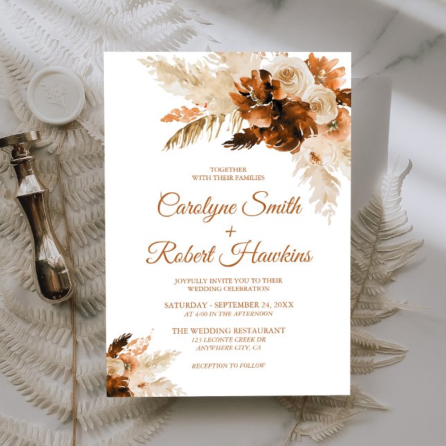 Rust Bohemian And Pampas Grass All In One Wedding Invitation