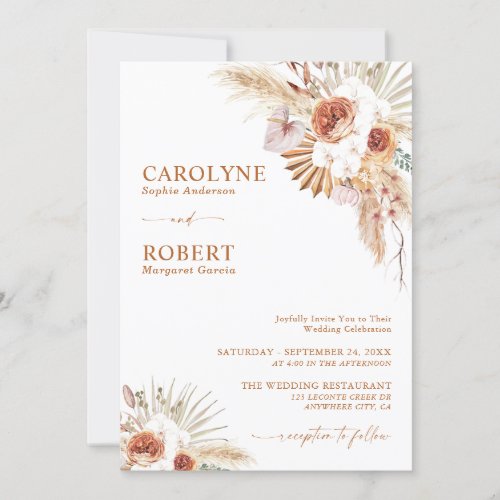 Rust Boho And Pampas Grass All In One Wedding Invitation