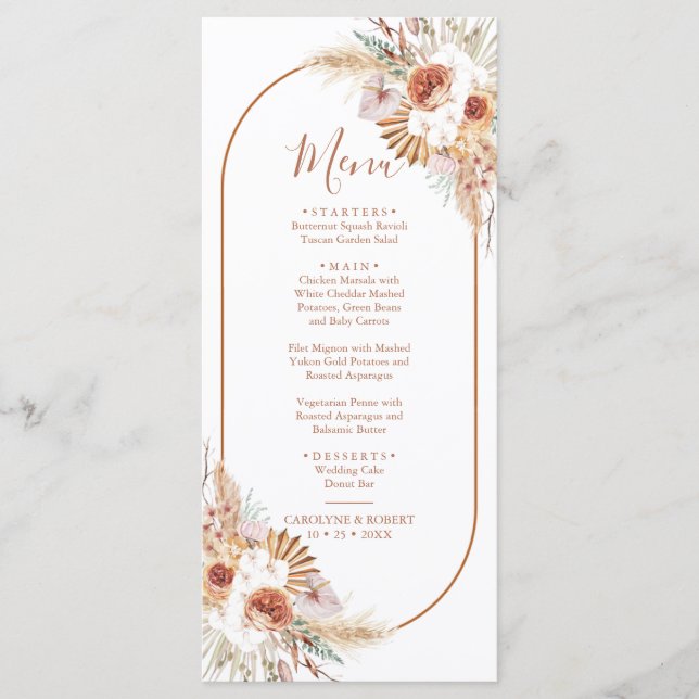 Rust Boho And Pampas Grass Wedding Dinner Menu (Front)