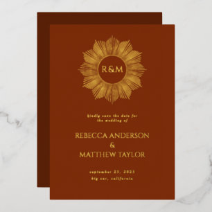 Rust Boho Celestial Sun Monogram Save Date  Foil Invitation