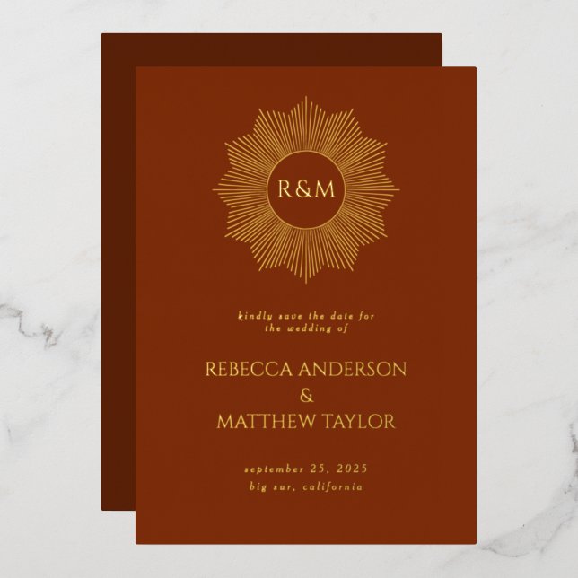 Rust Boho Celestial Sun Monogram Save Date  Foil Invitation (Front/Back)