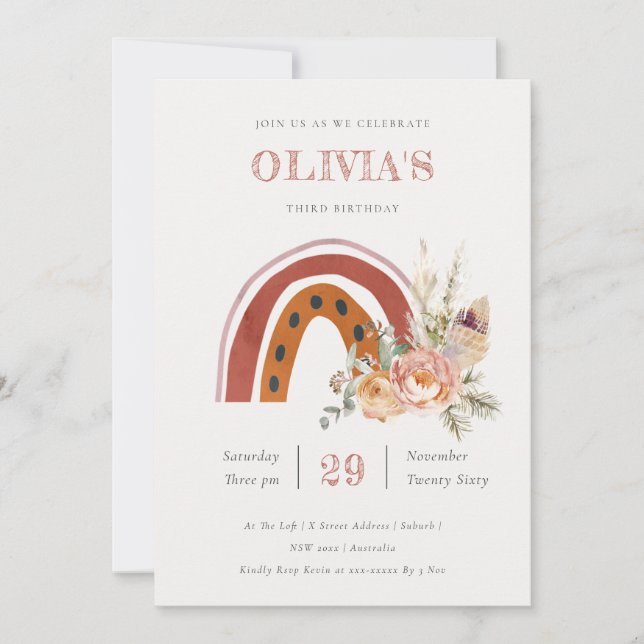 Rust Boho Floral Rainbow Any Age Birthday Invite (Front)
