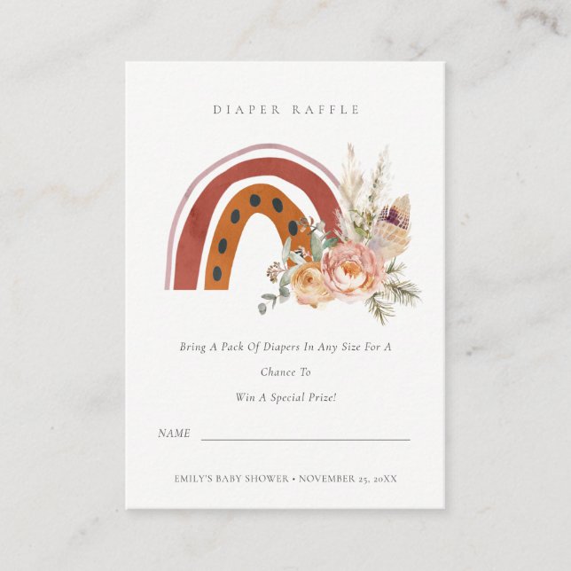 Rust Boho Floral Rainbow Diaper Raffle Baby Shower Enclosure Card (Front)