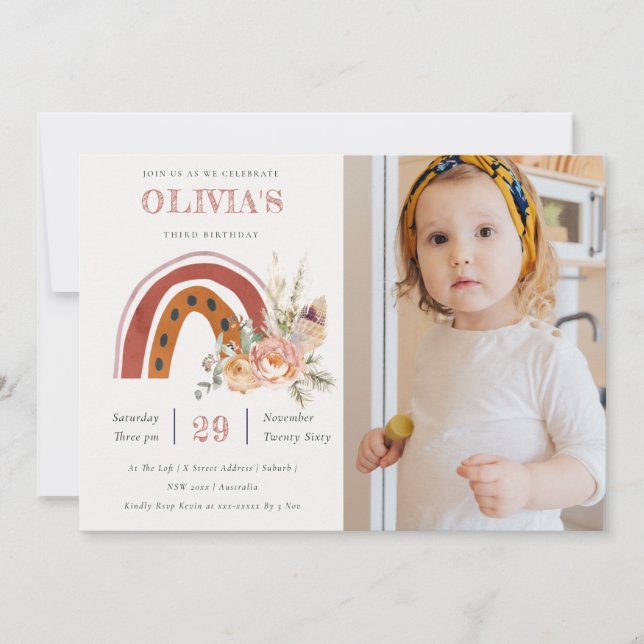 Rust Boho Floral Rainbow Photo Birthday Invite (Front)