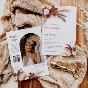 Rust Boho Pampas Grass Arch Photo QR Code Wedding Invitation