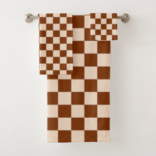 Rust brown and beige checkerboard pattern bath towel set