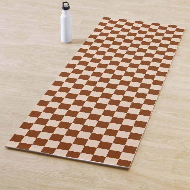 Rust brown and beige checkerboard pattern yoga mat (In Situ)