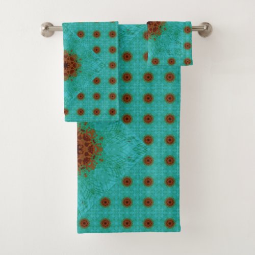 Rust Brown and Teal Green Mandala Tile Bath Towel Set