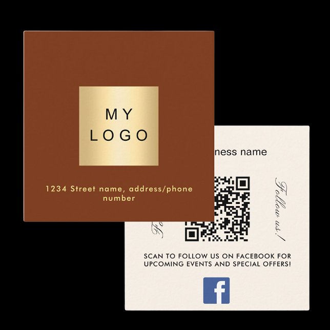 Rust brown beige logo QR code Facebook follow us Square Business Card (Creator Uploaded)