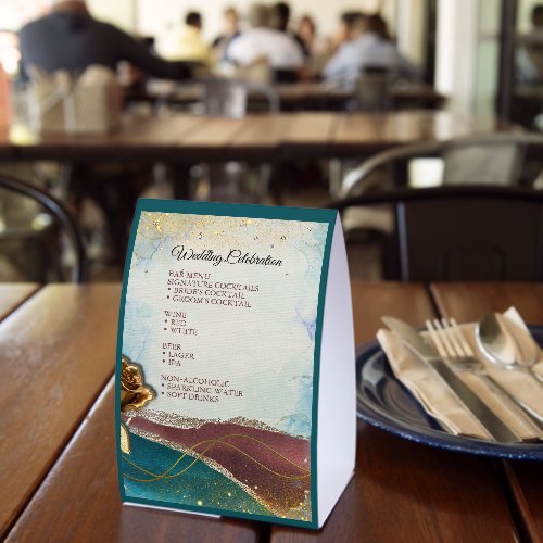 Rust Brown Blue Gold Wedding Bar Menu Table Tent