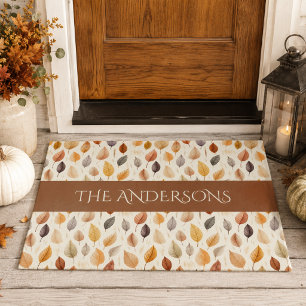 Rust Brown Cream Gray Fall Leaves Family Name Doormat