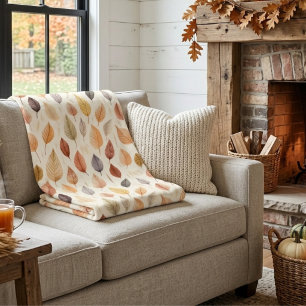 Rust Brown Cream Gray Fall Leaves Modern Farmhouse Fleece Blanket