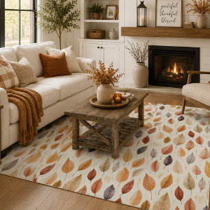 Rust Brown Cream Gray Fall Leaves Modern Farmhouse Rug
