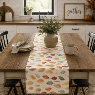 Rust Brown Cream Gray Fall Leaves Modern Farmhouse Short Table Runner