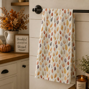 Rust Brown Cream Gray Watercolor Fall Leaf Pattern Kitchen Towel