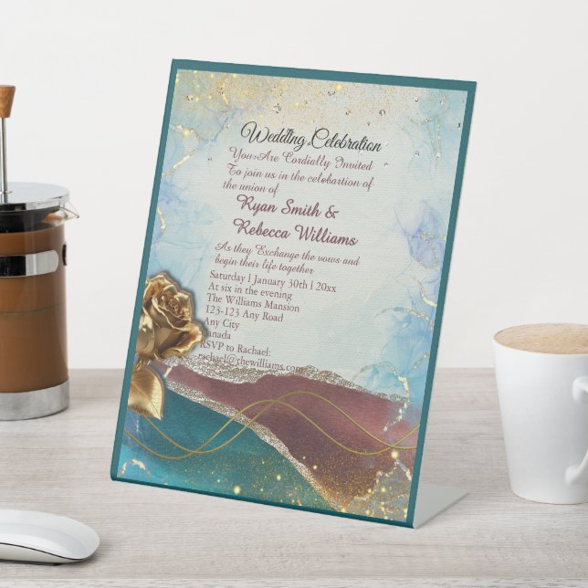 Rust Brown Gold Abstract Wedding Pedestal Sign (In SItu)