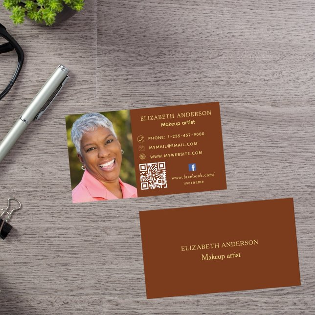 Rust brown photo Qr code social Facebook icon Business Card (Creator Uploaded)