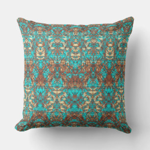 Rust Brown Turquoise Green Ornate Scratch Damask Throw Pillow