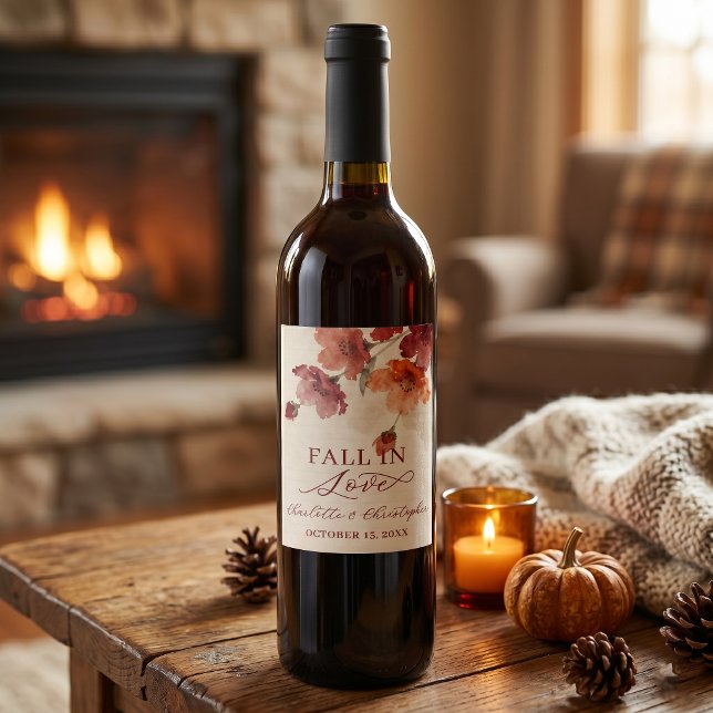 Rust Burgundy Autumn Floral Fall in Love Wedding Wine Label (Creator Uploaded)