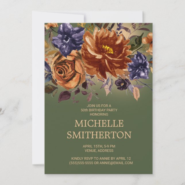 Rust Burnt Orange Blue Floral Green 50th Birthday Invitation (Front)