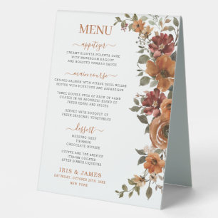 Rust Burnt Orange Floral Fall Wedding Dinner Menu Table Tent