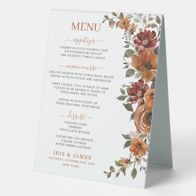 Rust Burnt Orange Floral Fall Wedding Dinner Menu  Table Tent (Front)