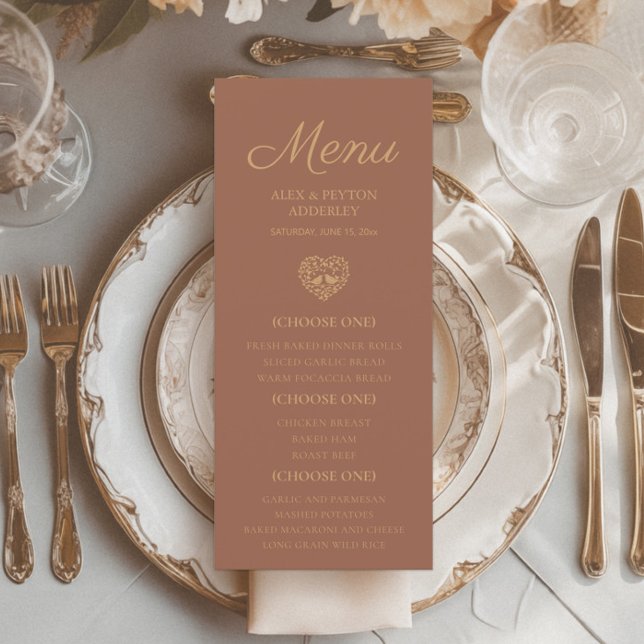 Rust Burnt Orange Wedding Reception Love Birds  Menu (Terracotta/burnt orange wedding reception menu)