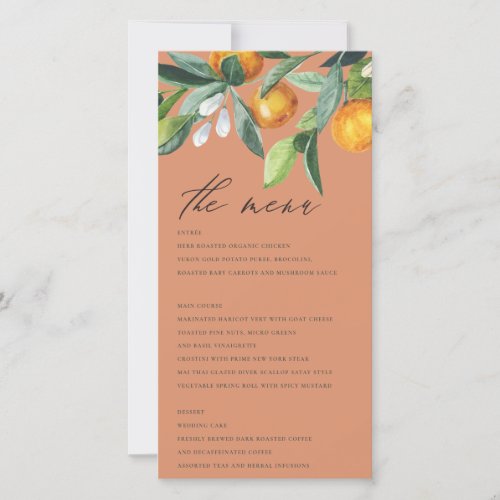 Rust Citrus Orange Botanical Wedding Menu Card