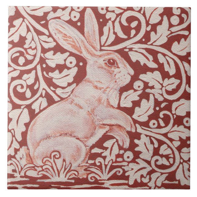 Rust Color Rabbit & Leaves Designer Ceramic Tile (Front)