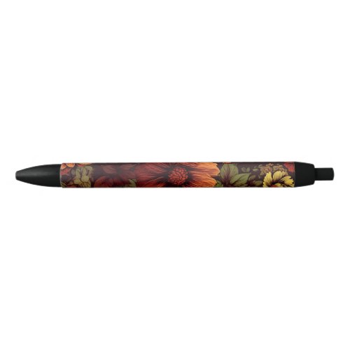 Rust Color Vintage Floral Print Black Ink Pen