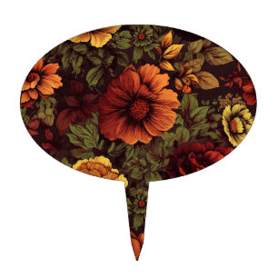Rust Color Vintage Floral Print Cake Topper