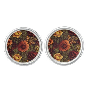 Rust Color Vintage Floral Print Cufflinks