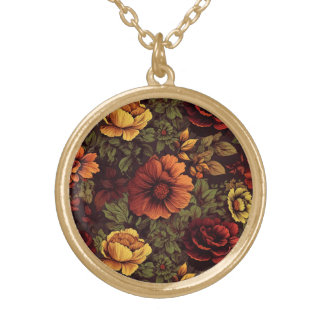 Rust Color Vintage Floral Print Gold Plated Necklace