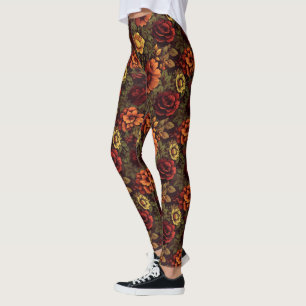 Rust Color Vintage Floral Print Leggings