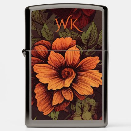 Rust Color Vintage Floral Print Monogram