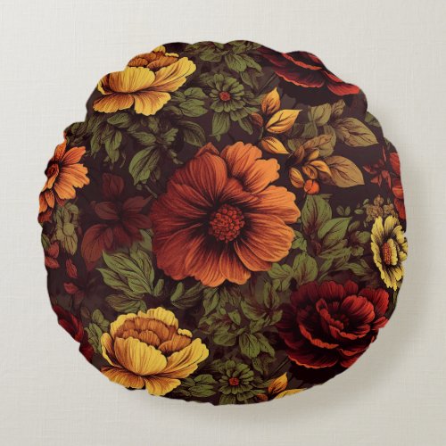 Rust Color Vintage Floral Print Round Pillow