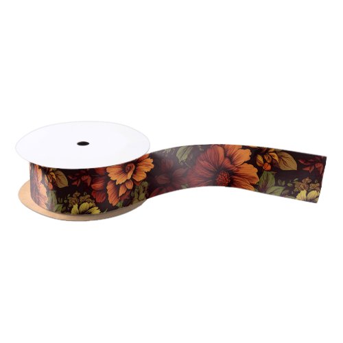 Rust Color Vintage Floral Print Satin Ribbon