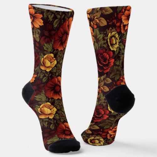Rust Color Vintage Floral Print Socks