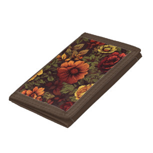 Rust Color Vintage Floral Print Trifold Wallet