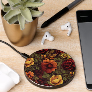 Rust Color Vintage Floral Print Wireless Charger