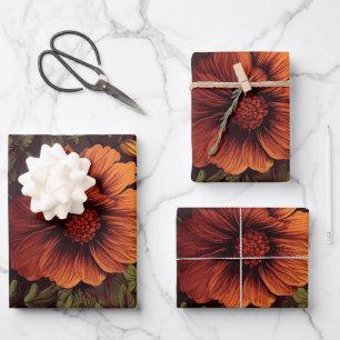 Rust Color Vintage Floral Print Wrapping Paper Sheets