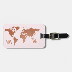 Rust Copper and Rose Gold Pink World Map Travel Luggage Tag