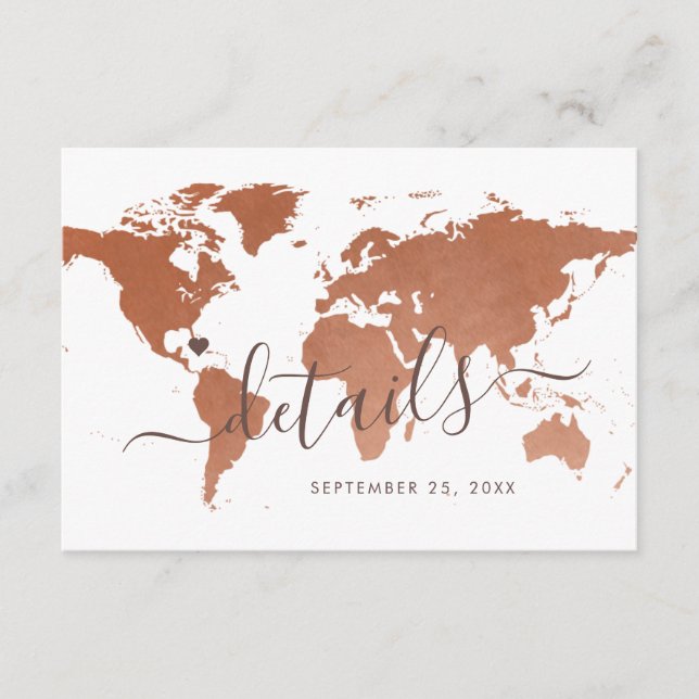 Rust Copper World Map Travel Hotel Information Enclosure Card (Front)