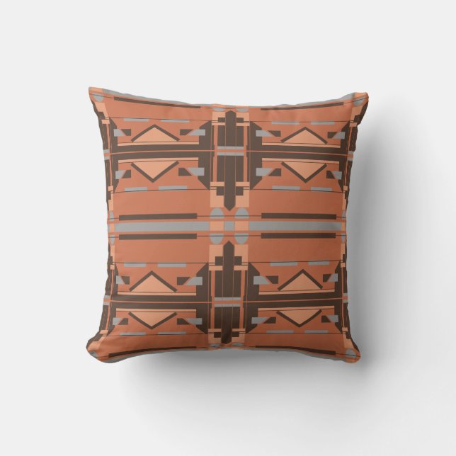 Rust Coral Gray Brown Symmetrical Tile-like Design Throw Pillow (Front)