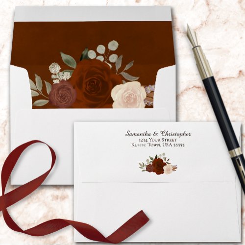 Rust  Coral Roses Elegant White Wedding Envelope